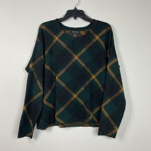 Rachel Zoe‎ Women's XL Green Black Gold Plaid Sweater Long Sleeve Preppy Knit